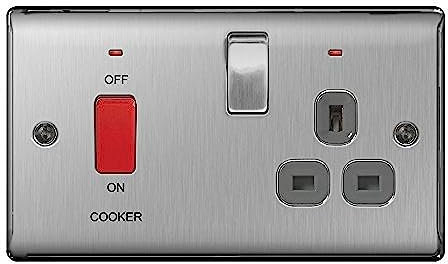 BG-Nexus-Metal 45A Single Cooker Switch and 13A Plug Socket,Brushed Steel Finish,Grey Inserts