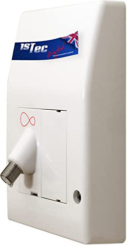 1STec Latest Model Isolated Genuine Virgin Media White Internal use Wall Box Outlet Socket with Euro Module Angled F-Connector Isolator for TiVo Digital TV or Superhub Broadband Modem Indoor Feed