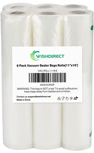 WishDirect Vacuum Sealer Machine Bags Rolls (6 Rolls), 11 Inch X 16 Feet Fit Inside Machine Heavy Duty Embossed Food Storage Saver Bags Rolls Compatible with Sous Vide and FoodSaver (Total 100 Feet)