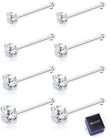 Sllaiss 8 Pcs 20G Nose Ring Studs Made with Austrian Crystal for Women Stainless Steel 1.5mm 2mm 2.5mm 3mm Nose Piercings Set Body Jewelry Hypoallergenic