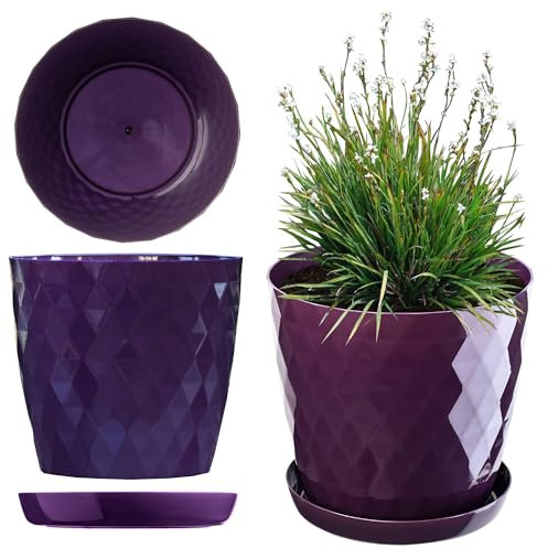 KADAX Pot de Fleurs en Plastique avec Soucoupe Intégrée, Pot de Plante pour Une Décoration Florale Moderne dans l'espace Interieur (16 cm, Violet)
