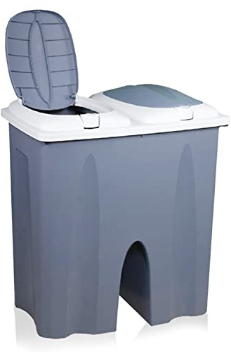 DRULINE – Premium Duo Mülleimer mit 2 Deckeln – Mülleimer mit 2 Fächer für Küche – Pflegeleicht – Abfalleimer Küche – luftdicht mit Klappdeckel – abnehmbarer Deckel mit Druckknopf – 2x25L – Grau/Blau
