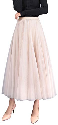 Mujer Faldas Verano Largo Falda de Tul Línea A 83cm de Longitud Falda Plisada hasta el Tobillo Cintura Alta Elegante Maxi Falda Cintura Elástica, Albaricoque
