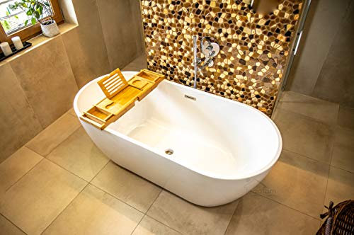 ECOLAM® exklusive freistehende Badewanne Standbadewanne moderne Wanne freistehend Elena 170x77 cm + Bambus Ablage + Ablaufgarnitur Click Clack Design Acryl glamour weiß