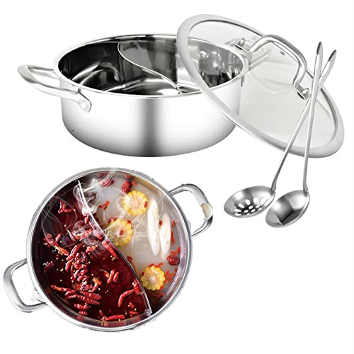 MOVKZACV Olla caliente, olla de pato mandarina, olla caliente de acero inoxidable tipo S con tapa y 2 cucharones, olla caliente Yin Yang con divisor para estufa de gas de inducción