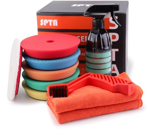 SPTA 10 Pcs Detailing Set, 5Pc 5 inch Buffing Polishing Pads, 1 Microfiber Finish Pad, 1-16 oz Polishing Cleaner, 1 Conditioning Brush, 2-16*16 Microfiber Towel. for Dual Action and Rotary Polishers