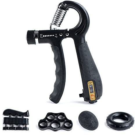 PYROMETHEUS Handtränare fingertränare med räkningsfunktion – 5-i-1 handtränare set – greppstyrketränare med fingertränare, fingerstretch och stressboll