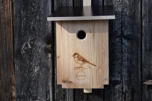 Premium Natur Lärchenholz Nistkasten unbehandelt nach Nabu, massives Vogelhaus Nisthilfe wetterfest 18mm stark verschraubt, mit Befestigungsmaterial (Baumschonende Alunägel) (Kohlmeise)