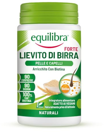 Equilibra Integratori Alimentari, Lievito di Birra Forte, Integratore Capelli e Pelle con Lievito di Birra e Biotina, 100% VNR di Biotina, Senza Lattosio, Vegano, 90 compresse