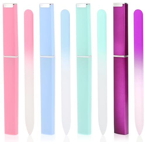 4 Pack Glass Nail File with Case Glass Fingernail File Double Sided Etched Crystal Surface Professional Manicure Tool Glass File Stuffers for Women Natural or Fake Nail Care