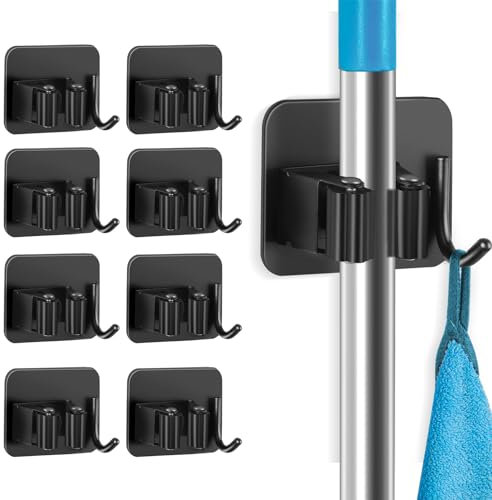 DOMAXCAI Broom and Mop Holder, Super Anti-Slip Wall Mount, Self Adhesive Gripper for Bathroom, Garage and Laundry Room Storage, Black