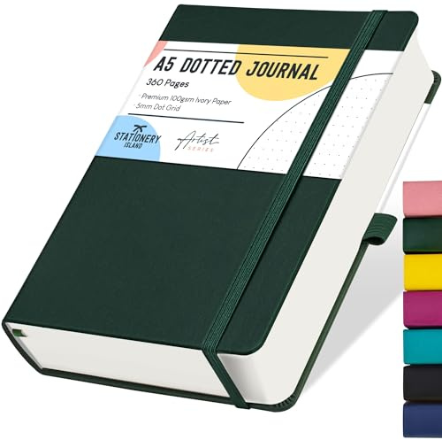 STATIONERY ISLAND Bullet Dotted Journal A5, Notizbuch Dotted, 100 g/m² Dickes Papier, 360 Seiten, Hardcover-Tagebuch mit Stifthalter, Innentasche, 2 Lesezeichen