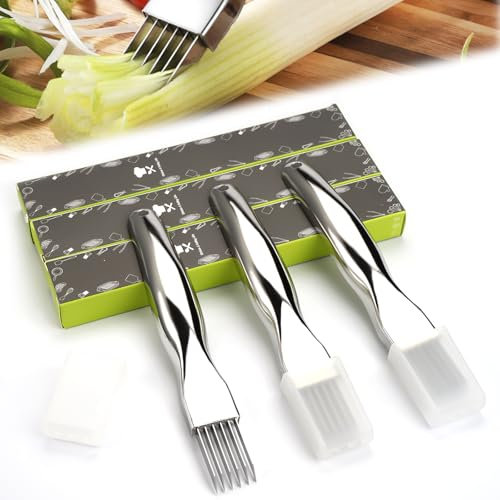 Rairsky 3 Pièces Shred Silk the Knife, Couteau à Oignon Vert Haché en Acier Inoxydable, Couteau à Oignon Vert Coupe Legumes Manuel Multifonctionnel, Ustensile de Cuisine