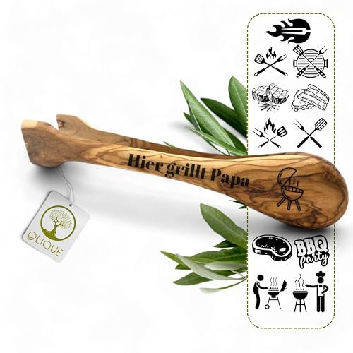 Pinzas de barbacoa personalizadas, madera de olivo, pinzas de alta calidad con grabado como regalo individual para los amantes de la barbacoa (36 cm)