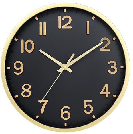 Moiubik Wall Clocks Battery Operated 10 inch Modern Wall Clock,Silent Non Ticking Wall Clock for Living Room Bedroom Kitchen Office Classroom Decor (Black Gold)