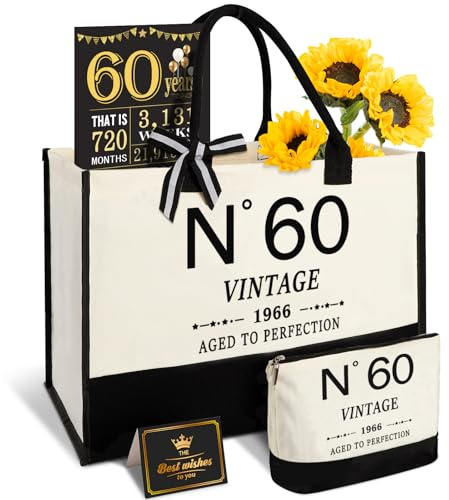 60th Cadeaux d'anniversaire pour femmes Sac à provisions en toile Équipement de voyage Cadeaux uniques de 60 ans pour femme sœur mère tante amis vous, Vintage N°60 Sac à main pour les cosmétiques