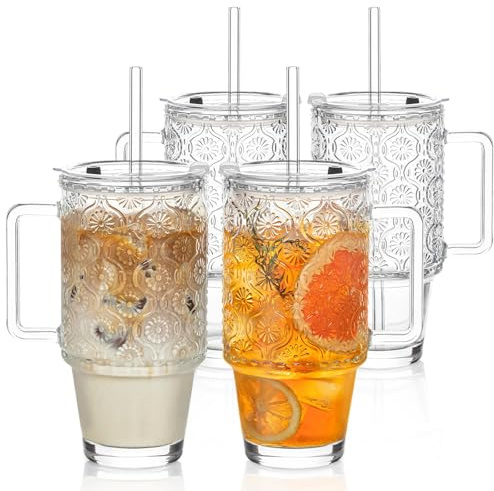 KEMORELA 4-Pack 24 Oz Glass Tumblers with Straws and Lids, Iced Coffee Cups with Begonia Floral Pattern, Smoothie Cups with Handles, Reusable Cold Drinkware, Glass Tumblers for Beverages