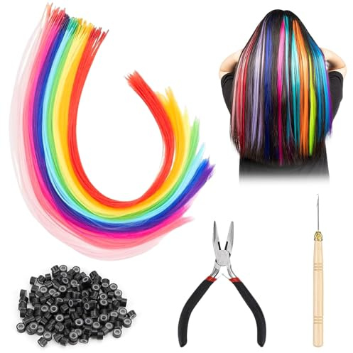 YOUNGSAY Lot de 50 extensions de cheveux multicolores - 13 couleurs - Pour enfants - Avec pince à cheveux, crochet et 50 perles pour décorations de fête