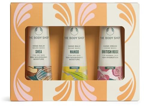 Hand Care Trio Gift Set, 3-Piece Fast-Absorbing Hand Care Set (Worth £21) | Shea, Mango and British Rose Hand Creams, Hand Balms by The Body Shop