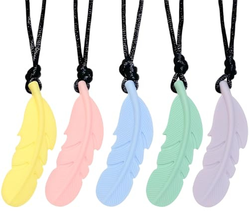 QEDBOJE Confezione da 5 Collane Sensoriali, Giocattolo da Masticare in Silicone per Alleviare l'Ansia, per Bambini con Autismo, Sviluppo Motorio Orale, ADHD, Lunga Durata, Facile da Pulire (Piuma)