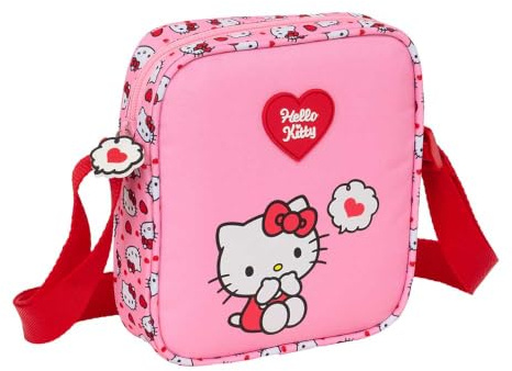 Safta | Bandolera Infantil Hello Kitty, Bolsito Cruzado Escolar con Correa Ajustable, Cierre con Cremallera, Diseño Rosa con Corazones y Asa Roja, Medidas 16x4x18 cm