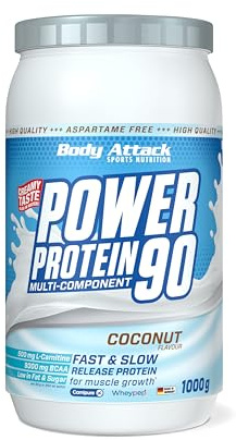 Body Attack Power Protein 90, 5K protein powder de whey protéine, L-Carnitine et BCAA pour la croissance musculaire et le fitness - blanc oeuf poudre, Noix de coco, 1kg