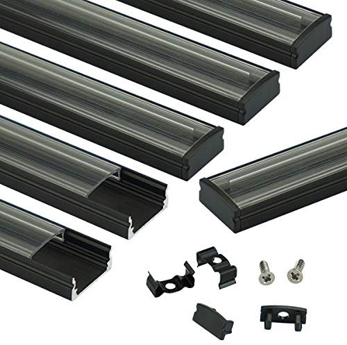 Muzata 6Pack 3.3FT/1Meter Black LED Profile System with Transparent Black Cover Aluminum Extrusion Track Housing Profile LED Diffuser for Strip Tape Light for Under Cabinet Wall Lighting U1SW BT 1M