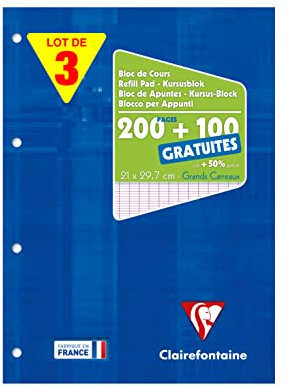 Clairefontaine 65819AMZC Lot de 3 Blocs de Cours Encollés Perforés - A4 21x29,7 cm - 200 Pages + 100 gratuites Grands Carreaux - Papier Blanc 90 g - Couverture Carte Pelliculée