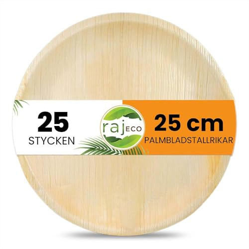 Raj Palmbladstallrikar [25-pack] 25 cm Runda - Engångstallrikar, Stabilt & Komposterbart - Dekorativ Servis för Bröllop, Födelsedag, Camping, BBQ & Picknick