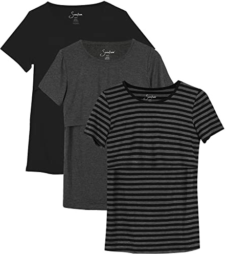 Sosolism Women's Maternity Nursing Tops for Breastfeeding Shirt 3-Pack,Black/Dark Grey/Striped,XL