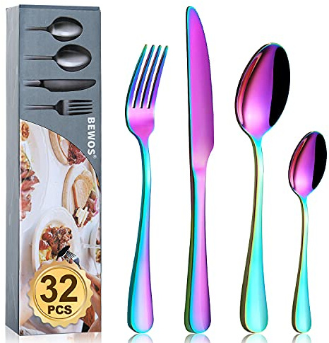 Cutlery Set, BEWOS 32-Piece Stainless Steel Flatware Set, Tableware Silverware Set with Rainbow Spoon Knife and Fork Set, Service for 8, Dishwasher Safe/Easy Clean, Mirror Polished