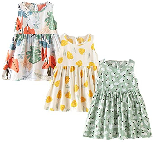 XM-Amigo Vestido de verano para bebé niña, sin mangas, con flores de fresa, vestido casual para niña de 6 meses a 10 años, verde/amarillo, 6-8 Años
