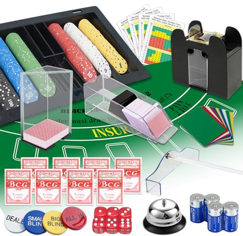 MrCarbon Super Casino Game Set: 6 Deck Shuffler+360pcs Chips+8 Poker Cards+Card Shoe+Chip Rake+Felt+Accessories, Blackjack Set & Texas Holdem Complete Kit, Poker Night Kit for Casino Party Gift