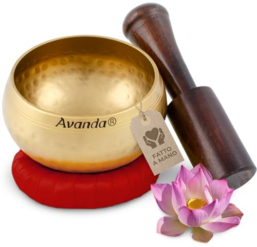Juego de cuenco tibetano para yoga, meditación y relajación - Cuenco tibetano martillado Ø 10 cm, mazo de madera de mango y cojín anular rojo