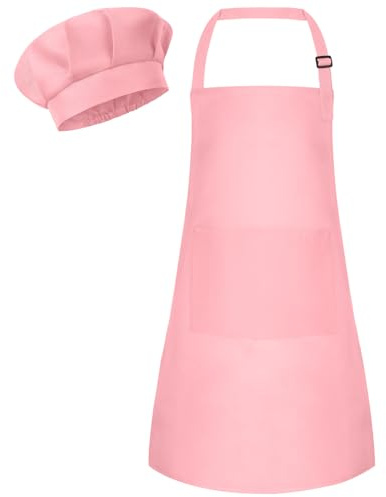 Bouiexye 1 set grembiule e cappello da chef per bambini, grembiule per bambini regolabile con 2 tasche, grembiule da chef per bambini per pittura, cucina, cottura, pittura, artigianato (rosa)