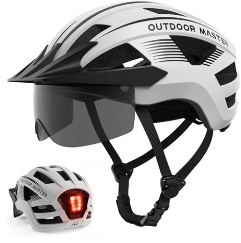 OutdoorMaster Helmets for Adults - Mountain & Road Bike Helmet with Rechargeable Safety Light, Detachable Goggles and Sun Visor - Easy to Adjust, Breathable, Lightweight - Matte White, Medium