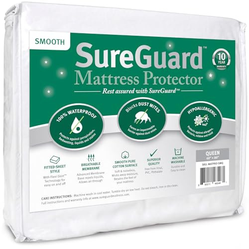 SureGuard Queen Size Mattress Protector - 100% Waterproof, Hypoallergenic - Premium Fitted Cotton Cover - Smooth