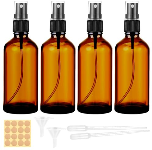 Maxmoc 4x 100ml Set di flaconi spray in vetro marrone, ricaricabili con beccuccio, contagocce e etichette, resistenti ai raggi UV e a tenuta stagna, portatili per cosmetici e prodotti per la cura
