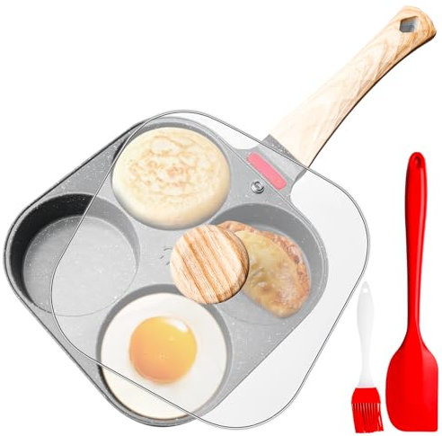 GOMETY Padella per uova fritte con coperchio, 28 cm – 4 fori, padella per pancake per la casa, padella antiaderente in alluminio per fornelli a induzione e a gas, padella per colazione per omelette e