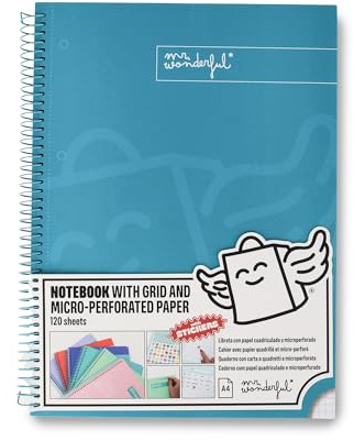 Mr. Wonderful - Libreta A4 Turquesa - 240 páginas cuadriculadas Microperforadas - Tapa Extradura - Encuadrenación en Espiral- Incluye pegatinas