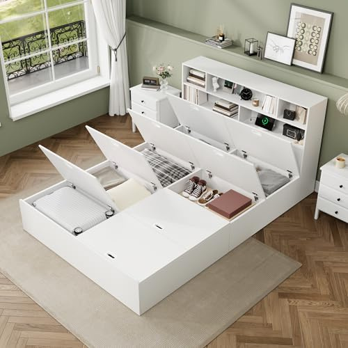Moimhear Letto Matrimoniale 140 x 200 cm, Legno Massiccio, Porta USB, Contenitore Sotto il Letto, Vano Portaoggetti