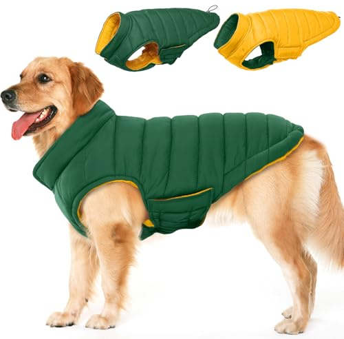 Lelepet Reversible Dog Winter Coat, Warm Waterproof Jacket for Large dogs, Puppy Winter Puffer Jacket, Windproof Dog Vest, Easy on/Off, Green 3XL