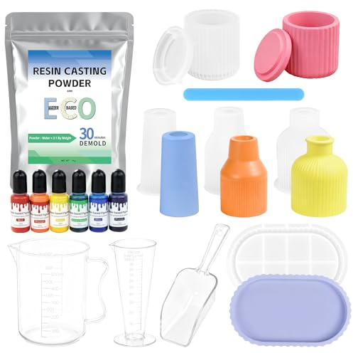 FTUREERA Gießpulver Starter Set, 1000g Weißes Gießpulver, 4 Silikonformen Gießformen Vase und 1 Silikonformen Paletten, 6 Farbpigmente, Gips zum Gießen Set für DIY Gießform Gieß-pulver Bastelset