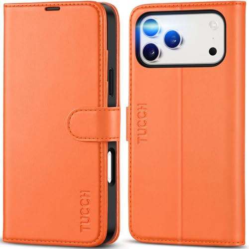 TUCCH Wallet Case for iPhone 18 Pro Max/17 Pro Max, 4 Card Holders, Orange | RFID Blocking, Viewing Stand, Shockproof TPU Shell, PU Leather, Magnetic Closure, Protective Folio Flip Cover