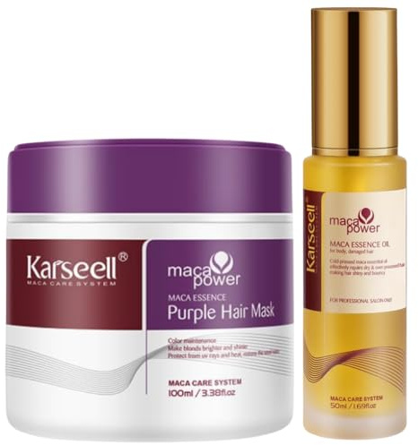 Karseell MACA CARE SYSTEM Set Lila Hårmask Anti Gula Toner 100ml + Arganolja Karité Serum 50ml Återfuktande Reparerande Anti Friss Professionell Blond Grått Avfärgat Hår Resestorlek Sulfatfri