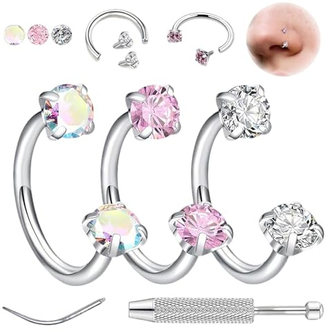 FAINCA 3 Piezas Piercing Nariz Acero de Titanio Piercing 6MM | Nariz de Herradura Circonita Tragus Hoop Versátil Pendientes para Hombres Mujeres Labios Cartílago de la Oreja Orejas Cejas