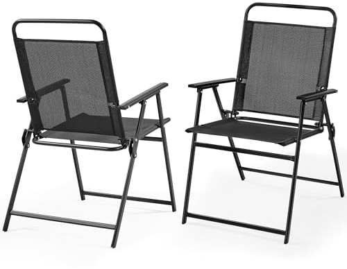 Yaheetech Folding Chairs 2 Pack with Metal Frame, Black | All-weather Patio Garden Chairs | 550g Texteline, Steel | Foldable Design, Ready-to-use | For Garden, Lawn, Porch, Backyard