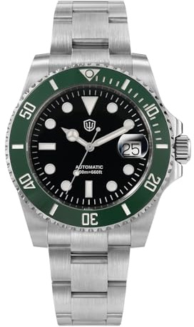 watchdives WD5512B dykarklockor för män, ST2130 automatiskt armbandsur 40 mm, safirglas, konvex spegel för datumfönster (2,5 x förstärkningseffekt), BGW-9 blått ljus, 200 m vattentät