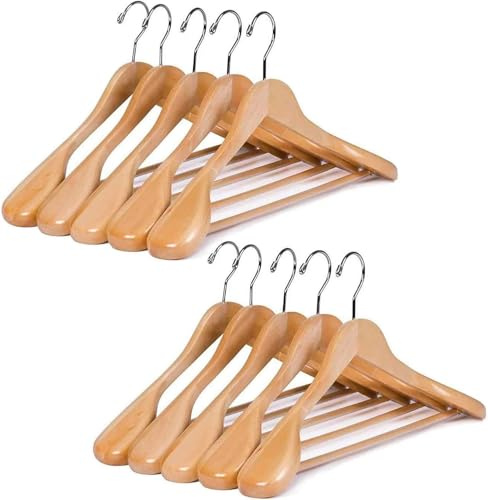 10 grucce appendiabiti in legno massello per abiti – spalle extra larghe antiscivolo, gancio girevole a 360° – ideale per camicie, cappotti, giacche, pantaloni (naturale, legno di alta qualità)