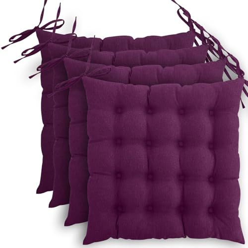 wometo 4er Set Sitzkissen Stuhl oekoTex 40x40 - Beere violett Sitzauflage Auflage Polster Stuhlkissen Sitzpolster mit Bändern